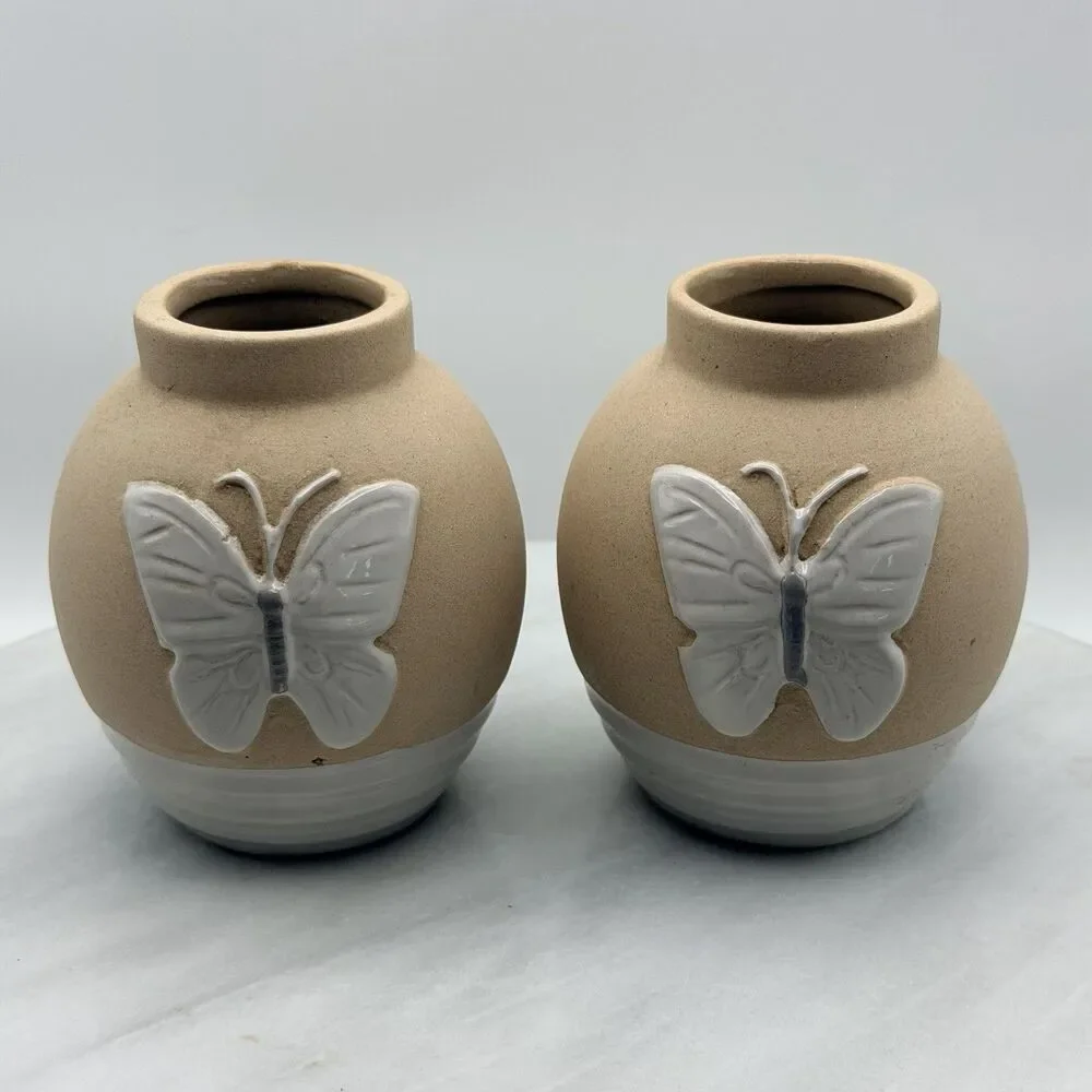 Ashland Beetles & Blooms Butterfly Ceramic Vase Set of 2 Beige White Spring